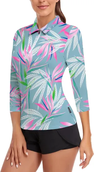 Soneven Womens 3/4 Sleeve Golf Shirts Moisture Wicking Long Sleeve Golf Polo Shirts UPF50  Tennis Tops