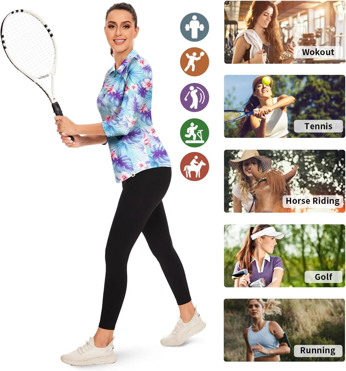 Soneven Womens 3/4 Sleeve Golf Shirts Moisture Wicking Long Sleeve Golf Polo Shirts UPF50  Tennis Tops