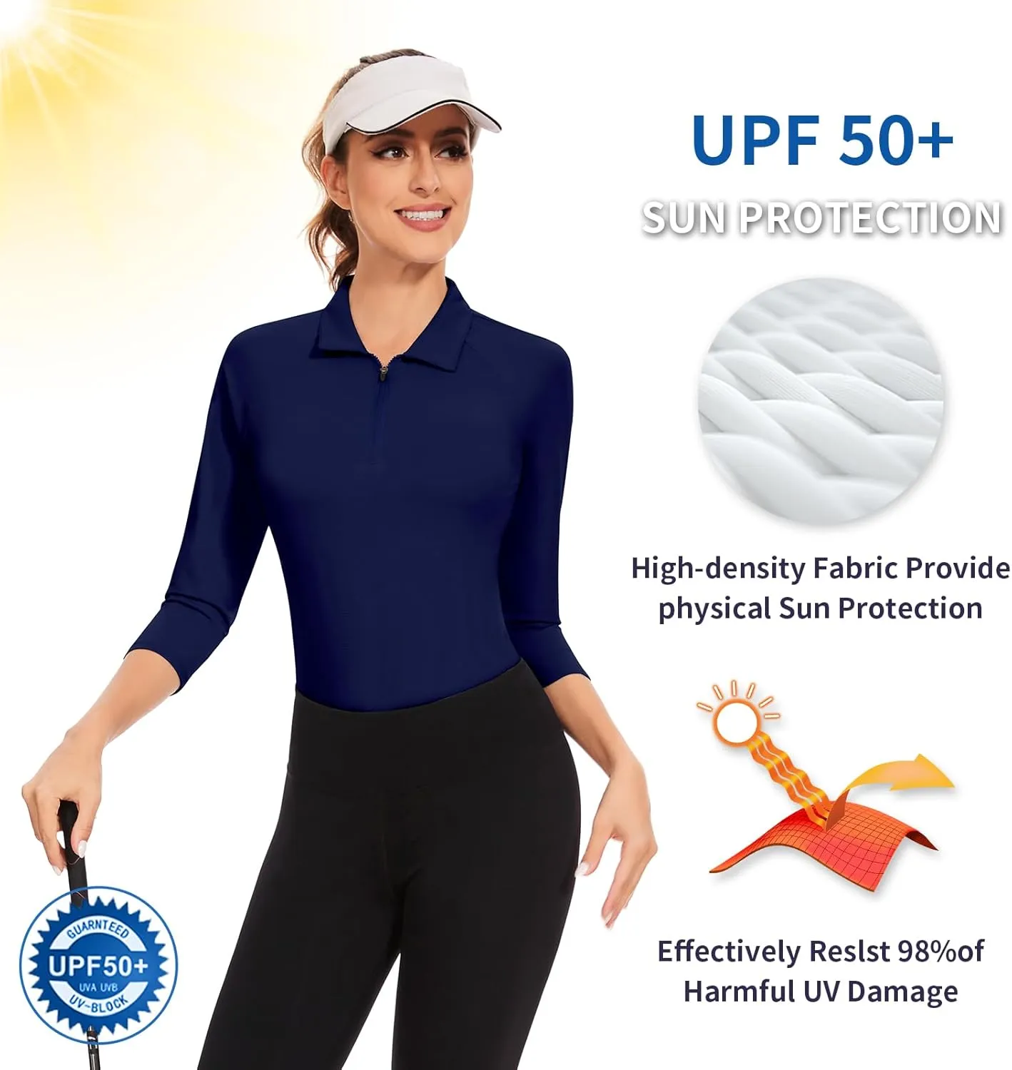 Soneven Womens 3/4 Sleeve Golf Shirts Moisture Wicking Long Sleeve Golf Polo Shirts UPF50  Tennis Tops