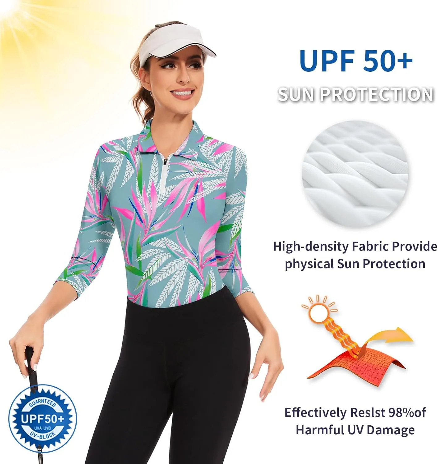 Soneven Womens 3/4 Sleeve Golf Shirts Moisture Wicking Long Sleeve Golf Polo Shirts UPF50  Tennis Tops