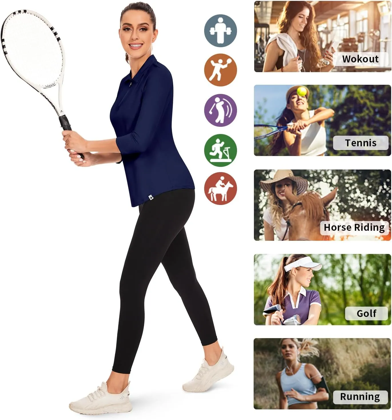 Soneven Womens 3/4 Sleeve Golf Shirts Moisture Wicking Long Sleeve Golf Polo Shirts UPF50  Tennis Tops
