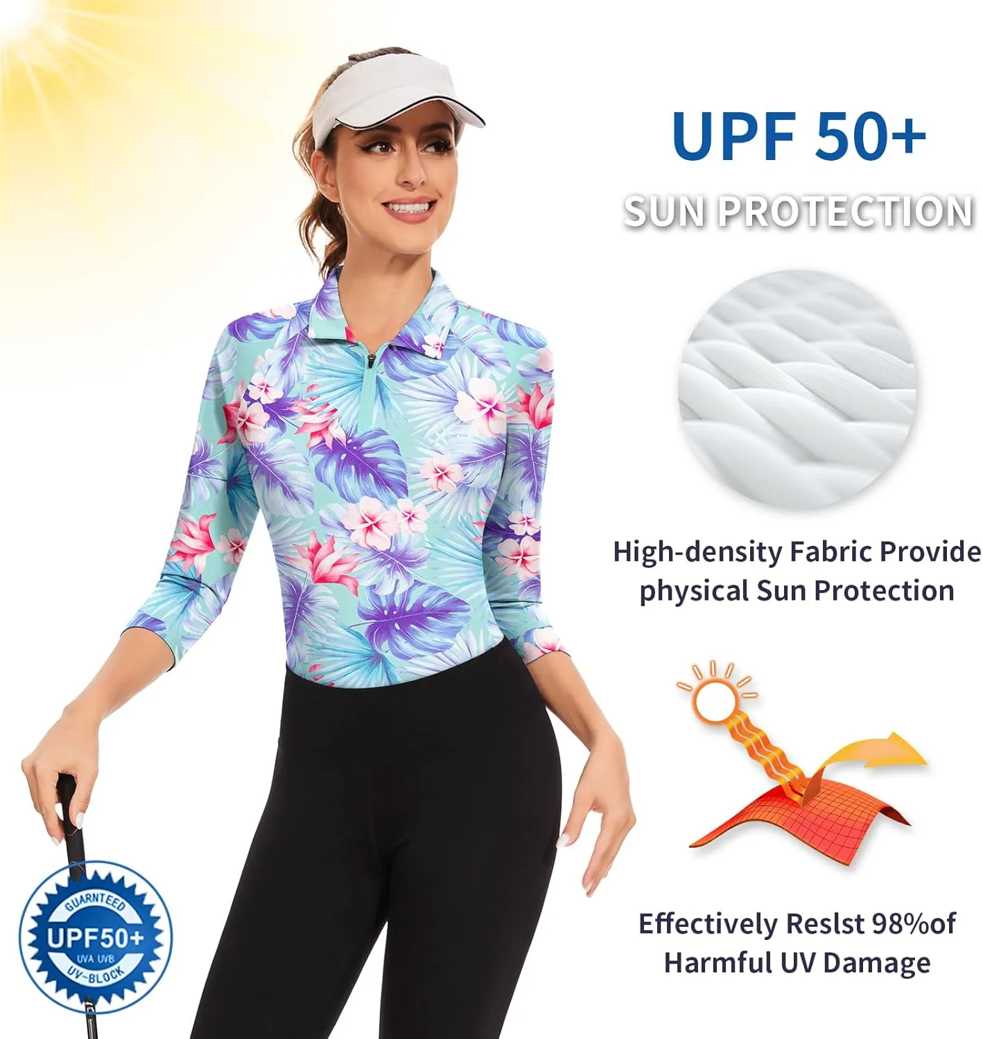 Soneven Womens 3/4 Sleeve Golf Shirts Moisture Wicking Long Sleeve Golf Polo Shirts UPF50  Tennis Tops