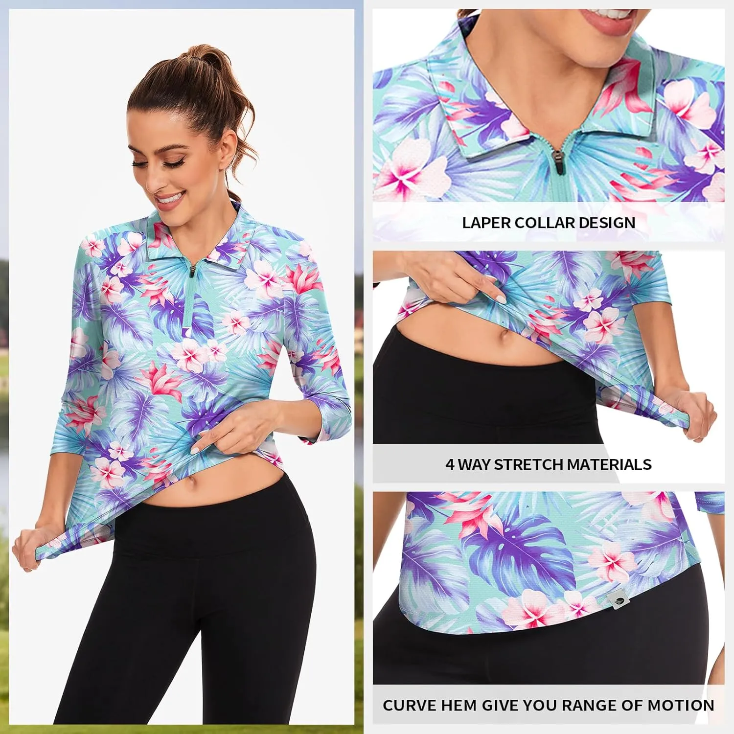 Soneven Womens 3/4 Sleeve Golf Shirts Moisture Wicking Long Sleeve Golf Polo Shirts UPF50  Tennis Tops