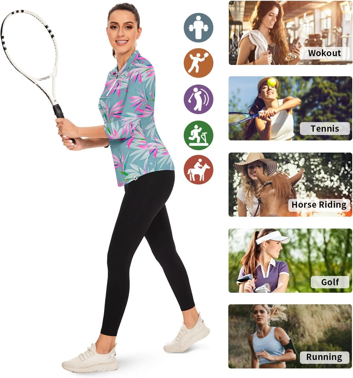 Soneven Womens 3/4 Sleeve Golf Shirts Moisture Wicking Long Sleeve Golf Polo Shirts UPF50  Tennis Tops