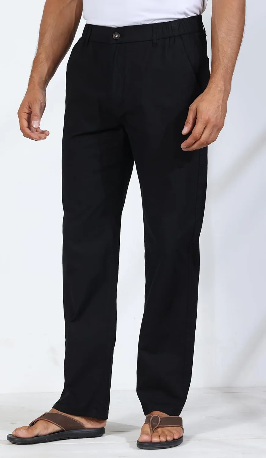 Soojun Men's Casual Linen Blend Relaxed Fit Straight Legs Elastic Waist Pants