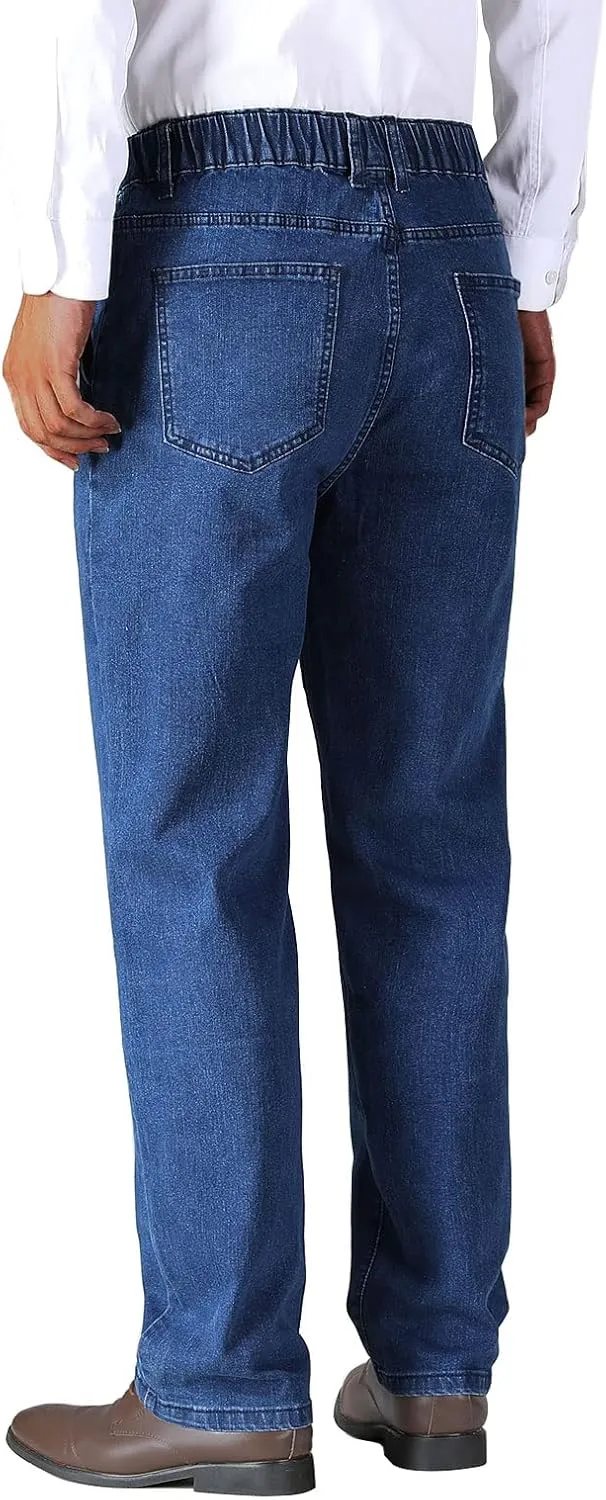 Soojun Mens Elastic Waist Jeans Relaxed Fit with Zipper and Button