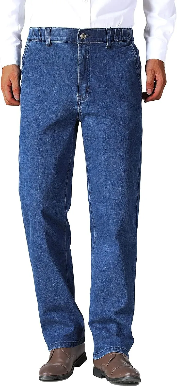 Soojun Mens Elastic Waist Jeans Relaxed Fit with Zipper and Button