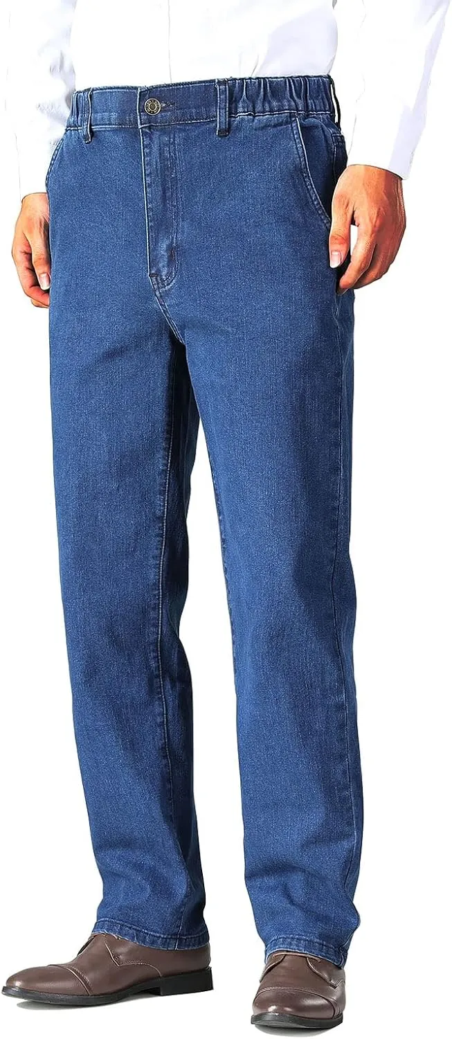 Soojun Mens Elastic Waist Jeans Relaxed Fit with Zipper and Button