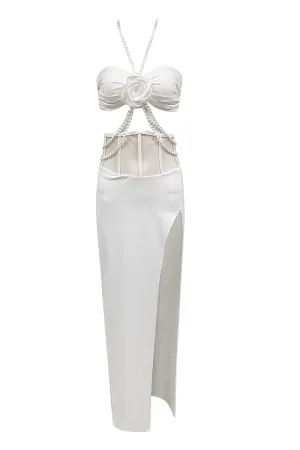 Split Halter Pearl 3D Floral Dress