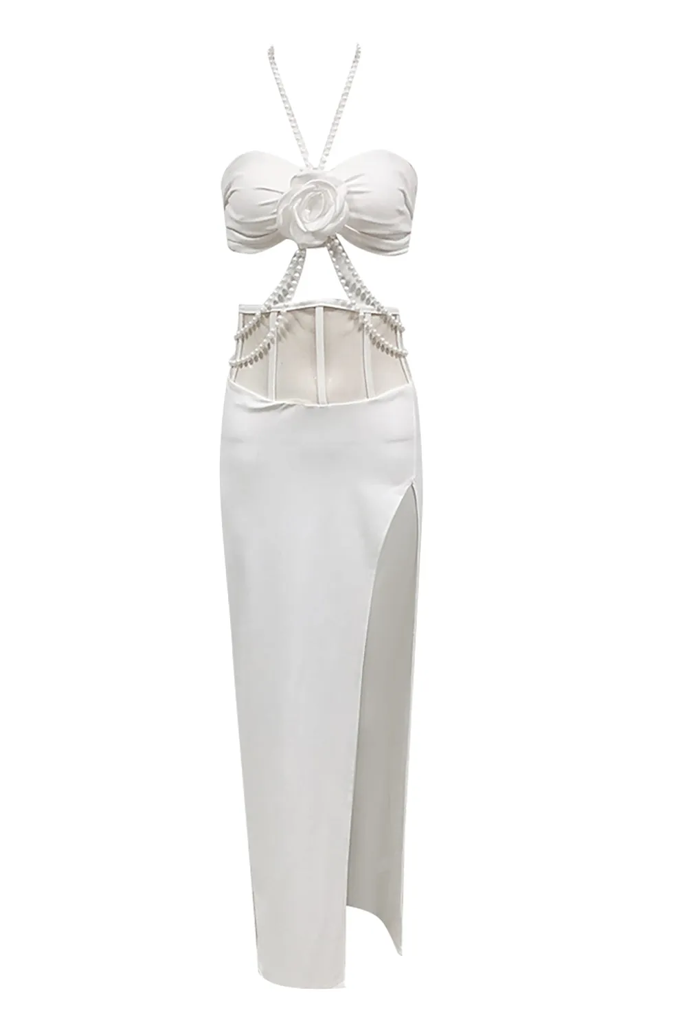 Split Halter Pearl 3D Floral Dress