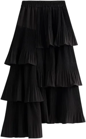 Spring and Autumn Korean Asymmetrical Pleated Cake Skirt Women's Versatile Ruffled Irregular Princess Skirt Midi Skirt