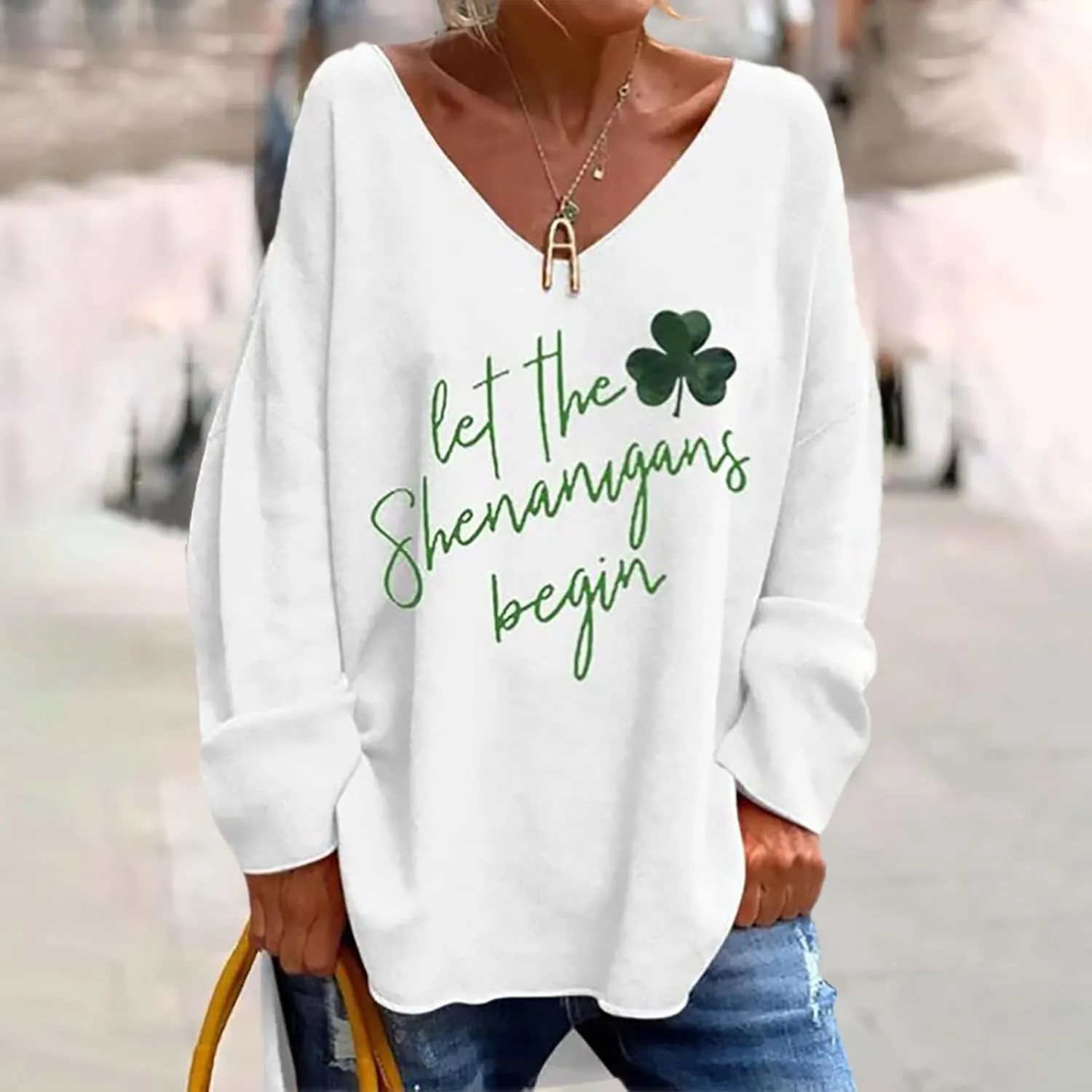 St Patricks Day Shirt Women V Neck Irish Clover Shamrock Print Shirts Funny Long Sleeve St Patty Day Outfit