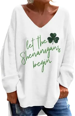 St Patricks Day Shirt Women V Neck Irish Clover Shamrock Print Shirts Funny Long Sleeve St Patty Day Outfit