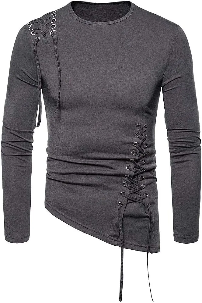 Stylish Asymmetrical Lace Up T-Shirts for Men Slim Fit Designer Irregular Crew Neck Long Sleeve Top Retro Gothic Cosplay Tees