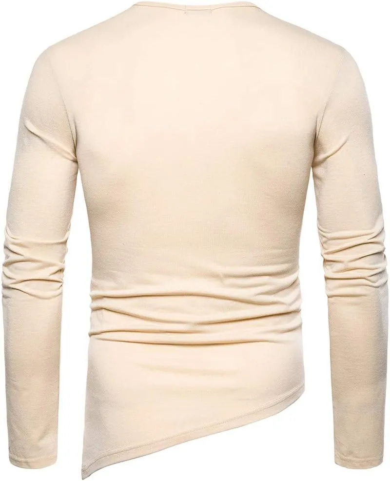 Stylish Asymmetrical Lace Up T-Shirts for Men Slim Fit Designer Irregular Crew Neck Long Sleeve Top Retro Gothic Cosplay Tees