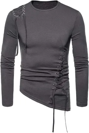Stylish Asymmetrical Lace Up T-Shirts for Men Slim Fit Designer Irregular Crew Neck Long Sleeve Top Retro Gothic Cosplay Tees