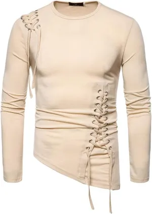 Stylish Asymmetrical Lace Up T-Shirts for Men Slim Fit Designer Irregular Crew Neck Long Sleeve Top Retro Gothic Cosplay Tees