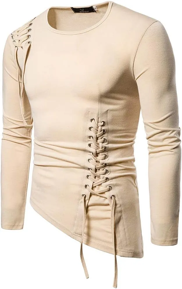 Stylish Asymmetrical Lace Up T-Shirts for Men Slim Fit Designer Irregular Crew Neck Long Sleeve Top Retro Gothic Cosplay Tees