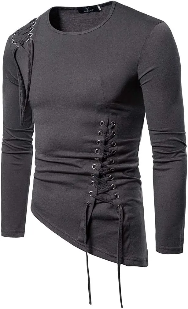 Stylish Asymmetrical Lace Up T-Shirts for Men Slim Fit Designer Irregular Crew Neck Long Sleeve Top Retro Gothic Cosplay Tees