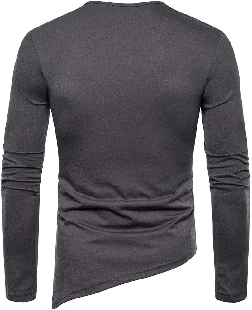 Stylish Asymmetrical Lace Up T-Shirts for Men Slim Fit Designer Irregular Crew Neck Long Sleeve Top Retro Gothic Cosplay Tees