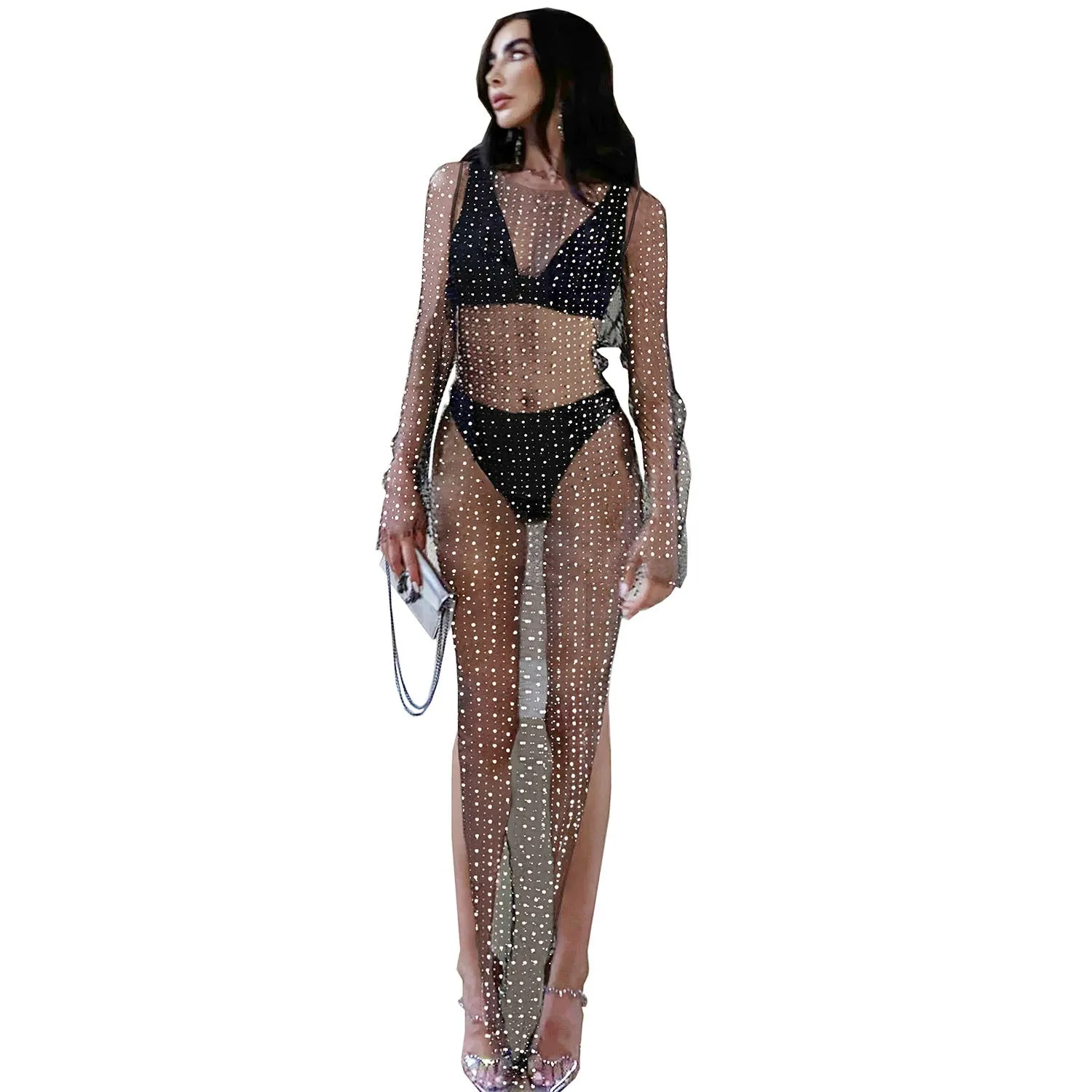 Summer Women Clothes Bubble Beads Stick On Crystals Mesh See Through Maxi Dress
