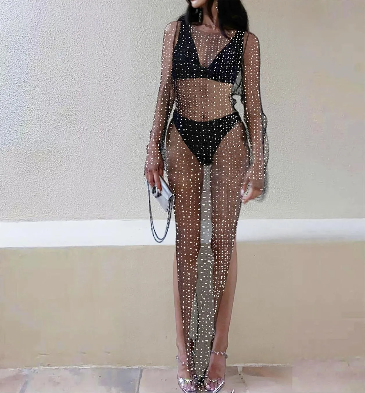Summer Women Clothes Bubble Beads Stick On Crystals Mesh See Through Maxi Dress