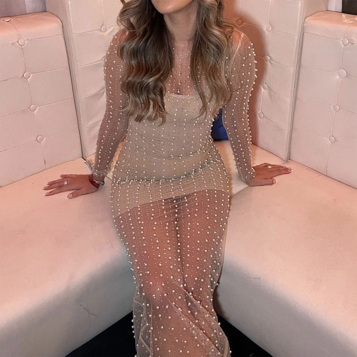 Summer Women Clothes Bubble Beads Stick On Crystals Mesh See Through Maxi Dress