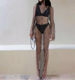 Summer Women Clothes Bubble Beads Stick On Crystals Mesh See Through Maxi Dress