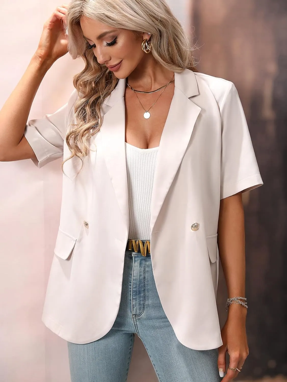 SweatyRocks Women's Casual Blazer Short Sleeve Open Front Notch Lapel Loose Work Office Suit Blazer Jackets