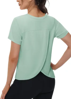 TACVASEN Workout Tops for Women Short Sleeve Cropped Split Back Athletic Shirts Breathable Exercise Running Gym Shirts