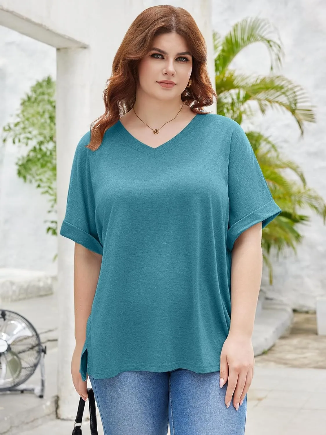 TAKEYAL Plus Size Tops for Women Rolled Sleeve V Neck Side Split T Shirts Stylish Tees Summer Casual Shirts XL-5XL