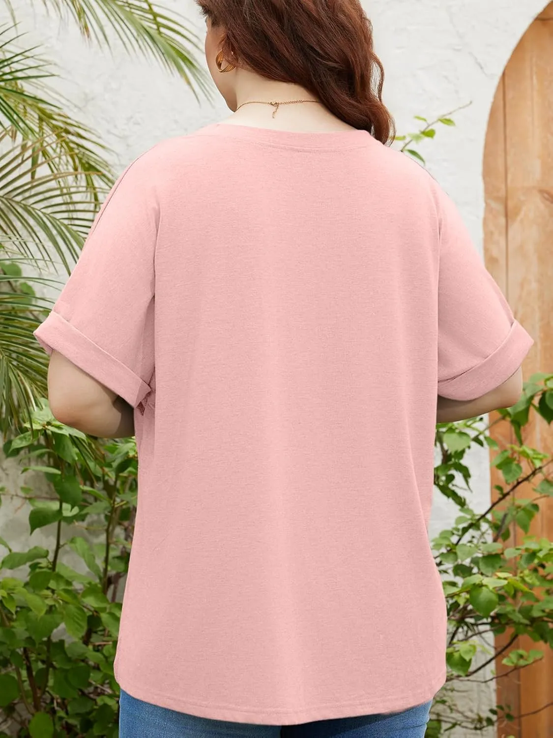 TAKEYAL Plus Size Tops for Women Rolled Sleeve V Neck Side Split T Shirts Stylish Tees Summer Casual Shirts XL-5XL