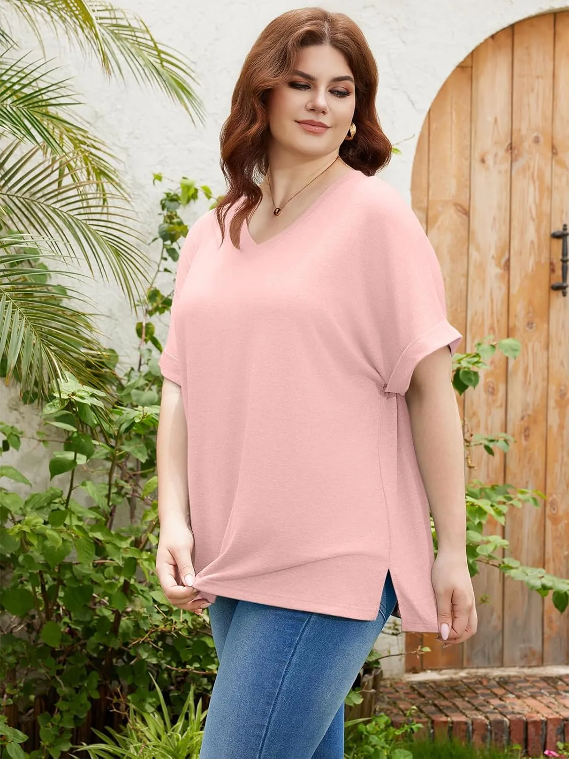 TAKEYAL Plus Size Tops for Women Rolled Sleeve V Neck Side Split T Shirts Stylish Tees Summer Casual Shirts XL-5XL