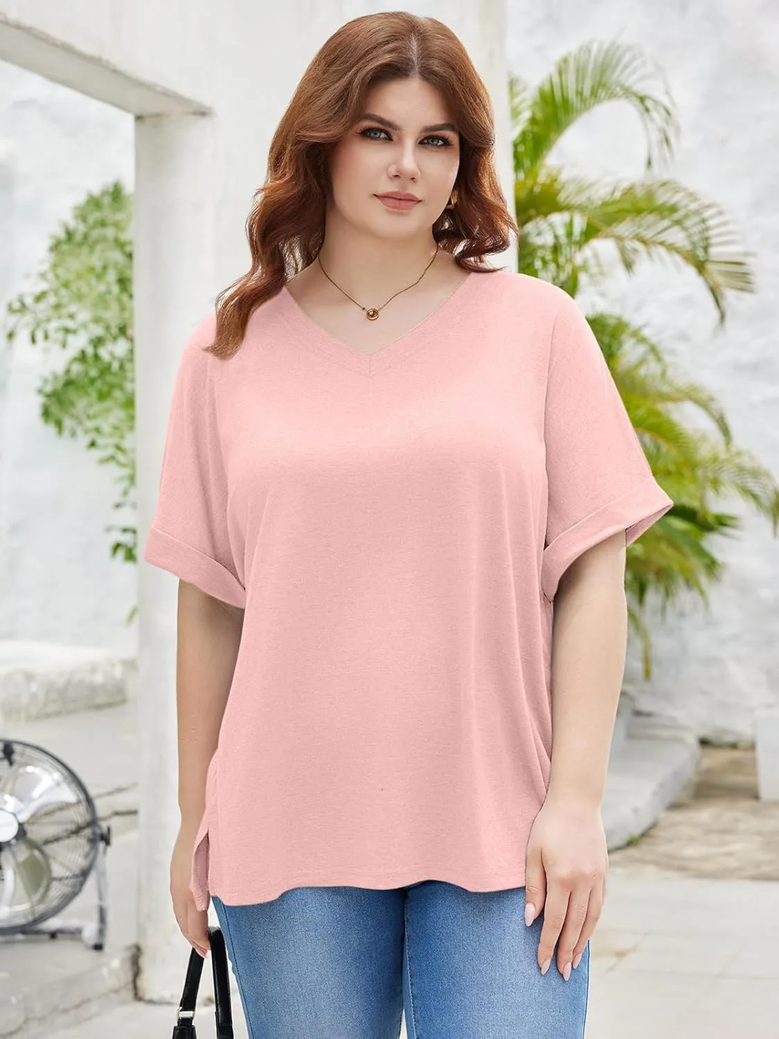 TAKEYAL Plus Size Tops for Women Rolled Sleeve V Neck Side Split T Shirts Stylish Tees Summer Casual Shirts XL-5XL