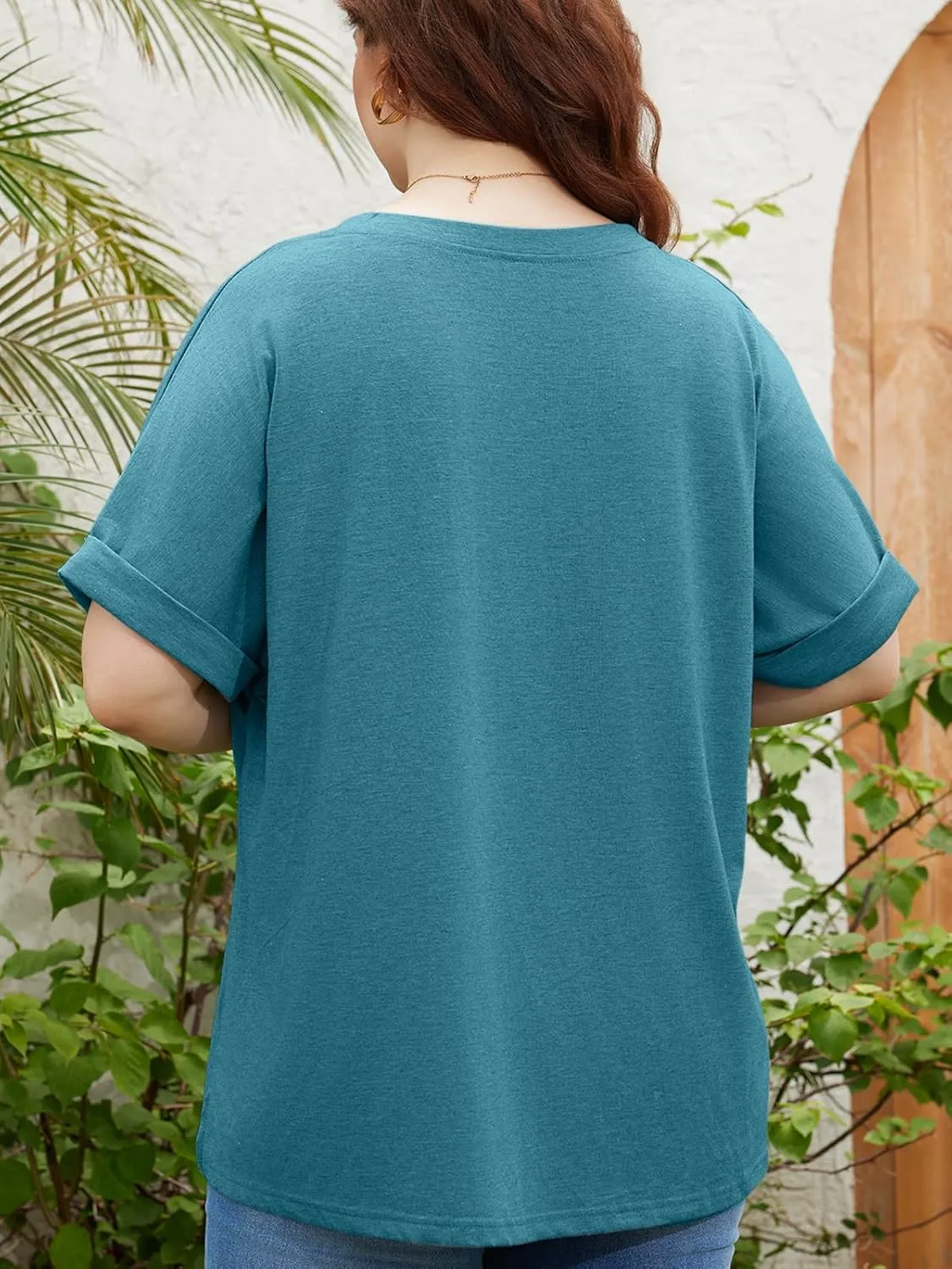 TAKEYAL Plus Size Tops for Women Rolled Sleeve V Neck Side Split T Shirts Stylish Tees Summer Casual Shirts XL-5XL