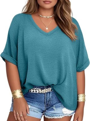 TAKEYAL Plus Size Tops for Women Rolled Sleeve V Neck Side Split T Shirts Stylish Tees Summer Casual Shirts XL-5XL