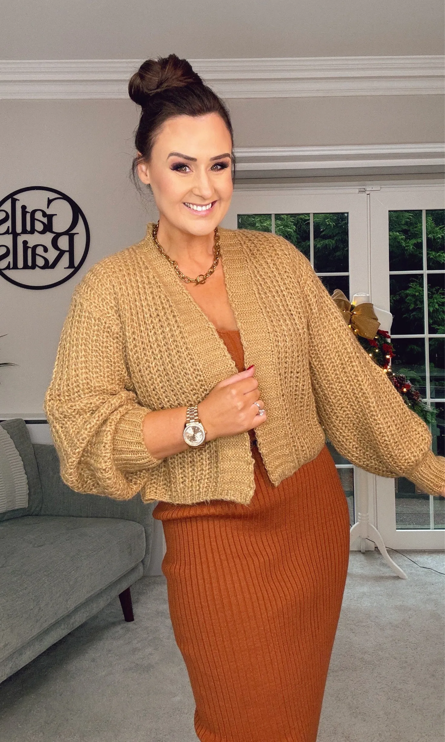 TAN OVERSIZED CHUNKY KNIT CARDIGAN