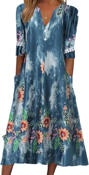TAOMYTAWomens Summer Boho V Neck Floral Print Half Sleeve Dress Casual Button Midi Dresses for Women with Pockets