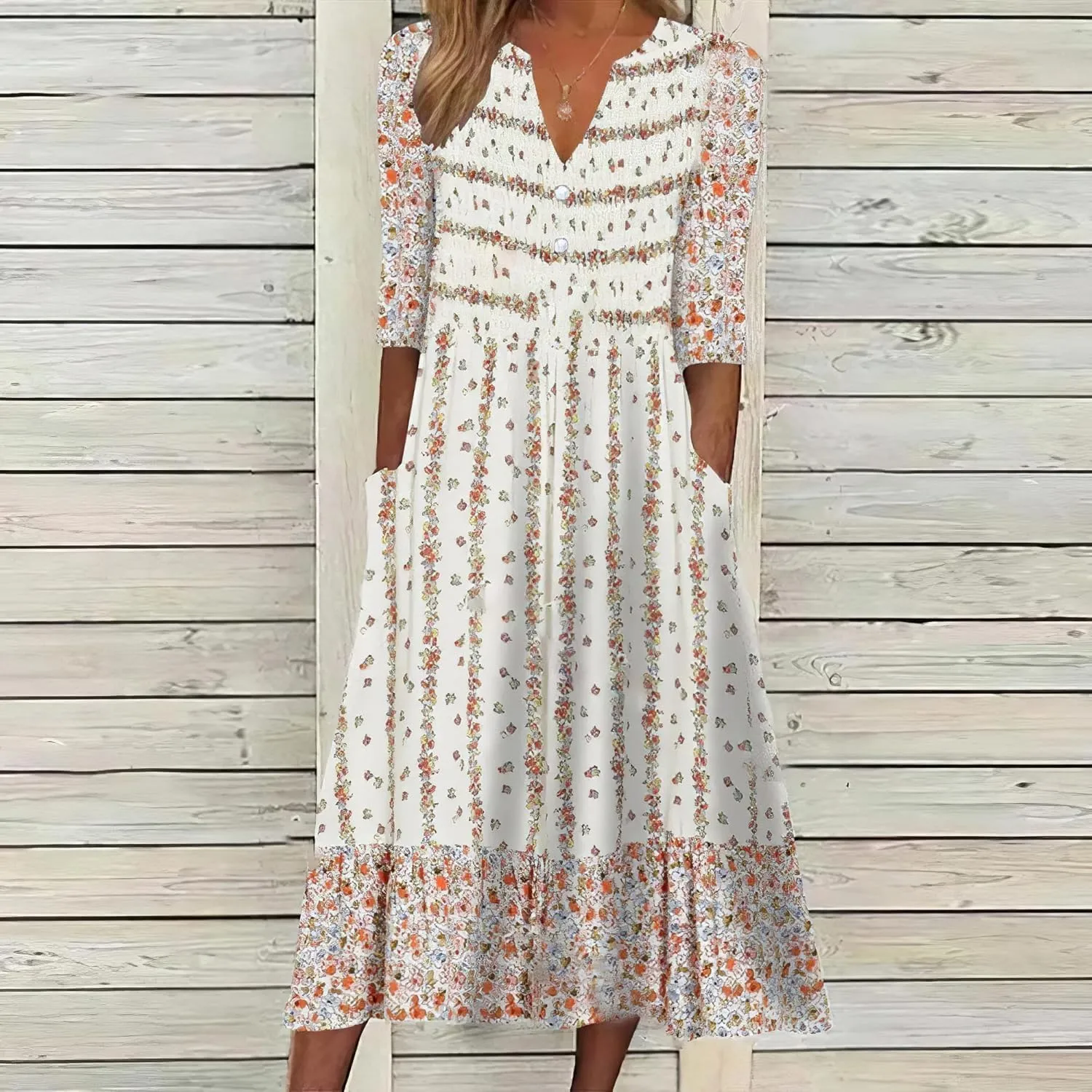 TAOMYTAWomens Summer Boho V Neck Floral Print Half Sleeve Dress Casual Button Midi Dresses for Women with Pockets