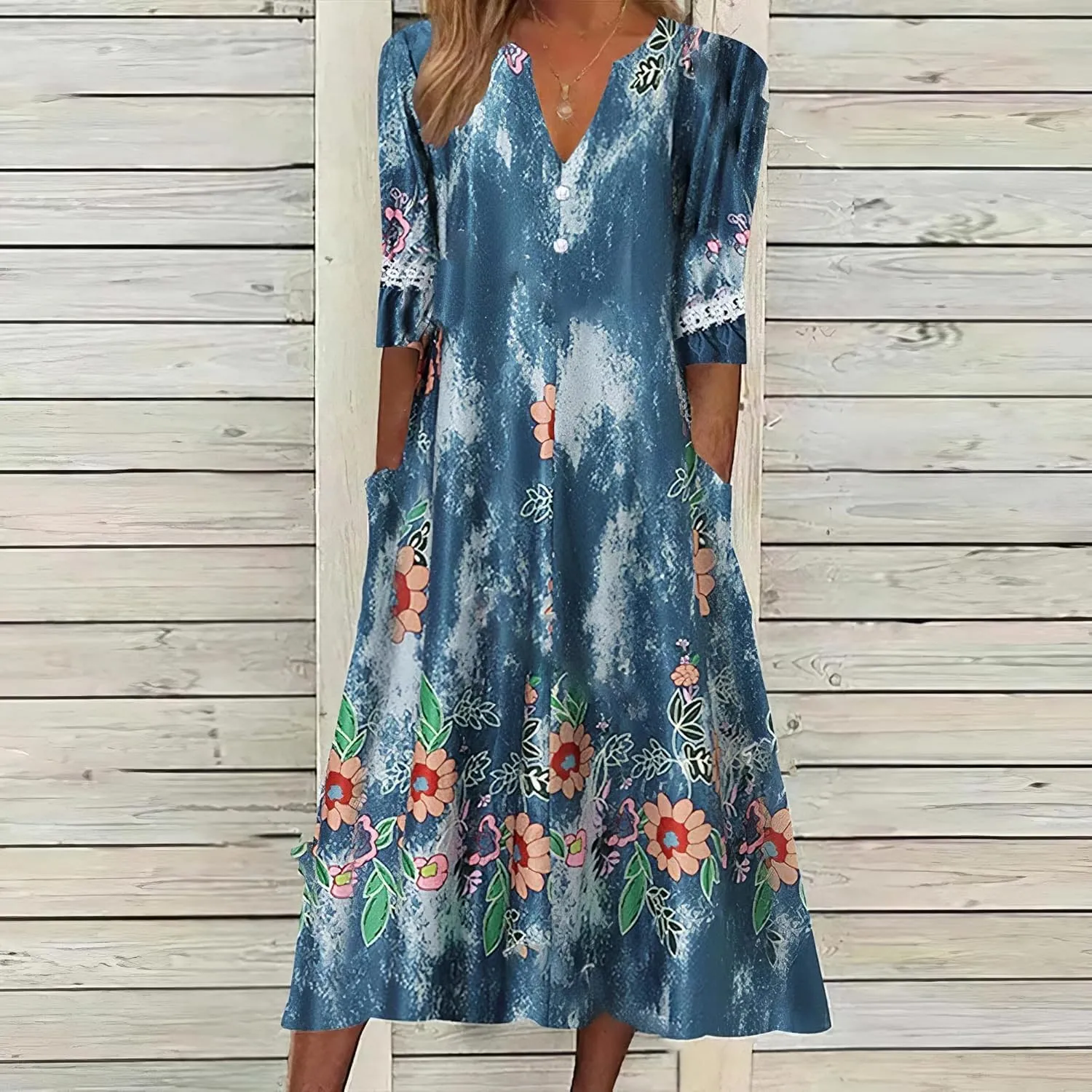 TAOMYTAWomens Summer Boho V Neck Floral Print Half Sleeve Dress Casual Button Midi Dresses for Women with Pockets