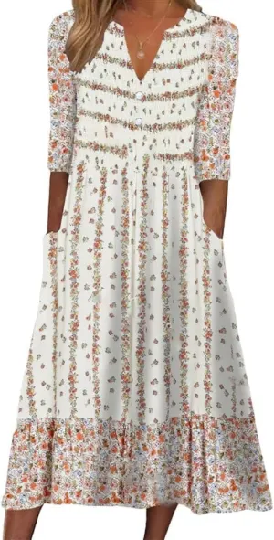 TAOMYTAWomens Summer Boho V Neck Floral Print Half Sleeve Dress Casual Button Midi Dresses for Women with Pockets