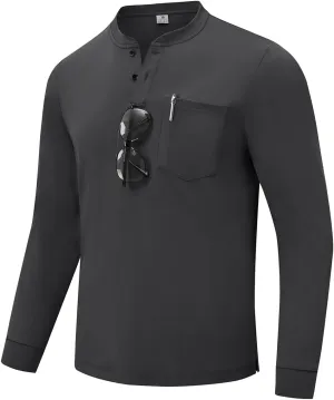 TBMPOY Men's Henley Shirts Golf Long Sleeve Shirts Moisture Wicking Button Loose Fit with Pockets Quick Dry