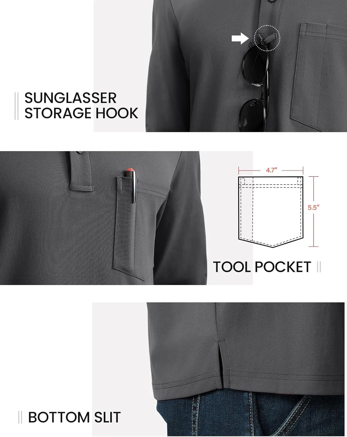 TBMPOY Men's Henley Shirts Golf Long Sleeve Shirts Moisture Wicking Button Loose Fit with Pockets Quick Dry