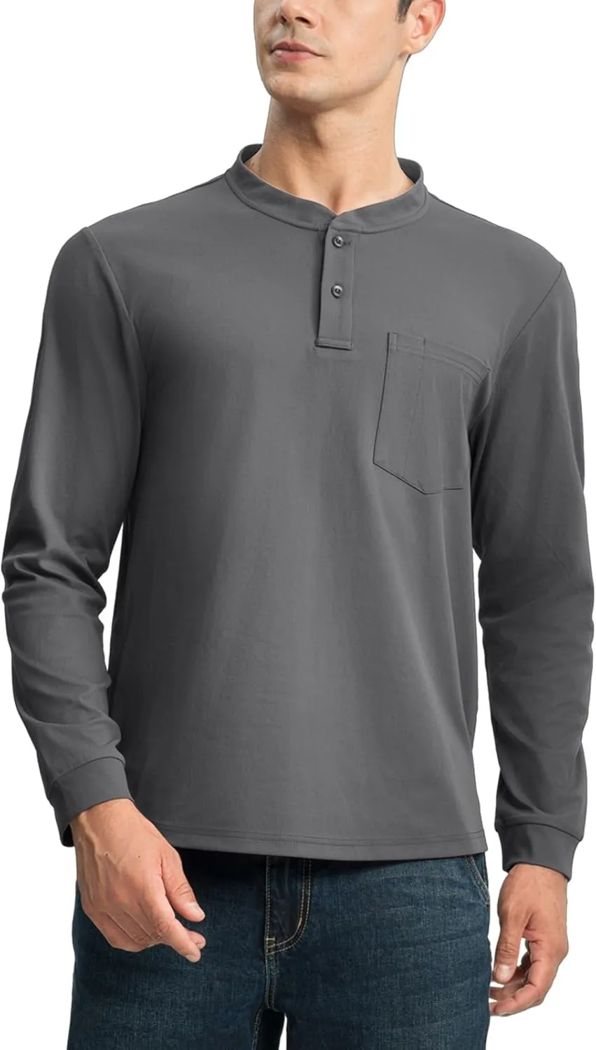 TBMPOY Men's Henley Shirts Golf Long Sleeve Shirts Moisture Wicking Button Loose Fit with Pockets Quick Dry