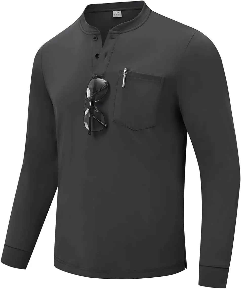 TBMPOY Men's Henley Shirts Golf Long Sleeve Shirts Moisture Wicking Button Loose Fit with Pockets Quick Dry