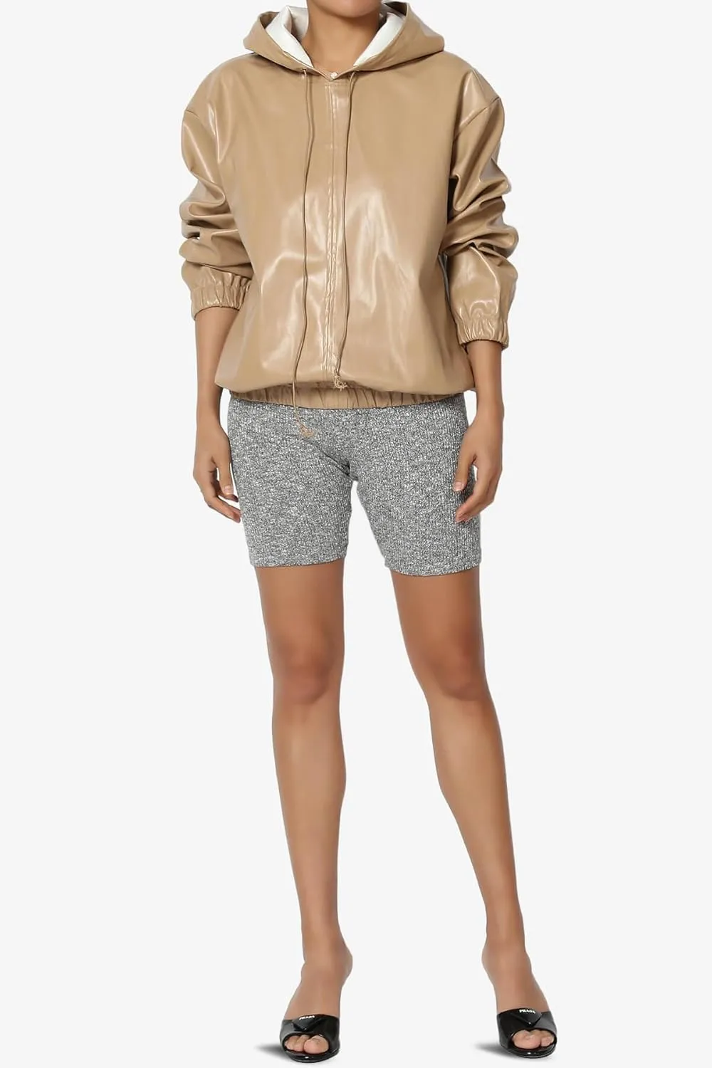 TheMogan Women's Faux Leather Oversized Hoodie Smooth Relaxed Fit Vegan Pleather Hooded Pullover