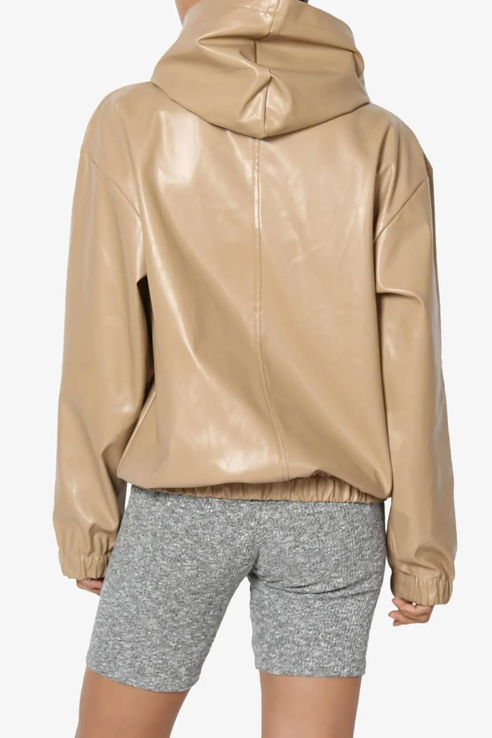 TheMogan Women's Faux Leather Oversized Hoodie Smooth Relaxed Fit Vegan Pleather Hooded Pullover