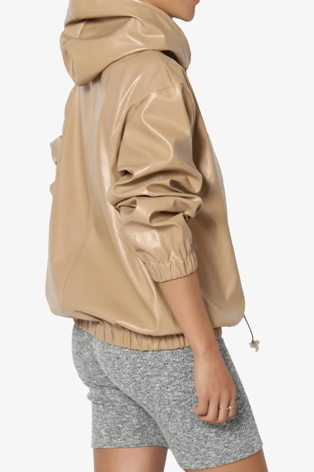 TheMogan Women's Faux Leather Oversized Hoodie Smooth Relaxed Fit Vegan Pleather Hooded Pullover