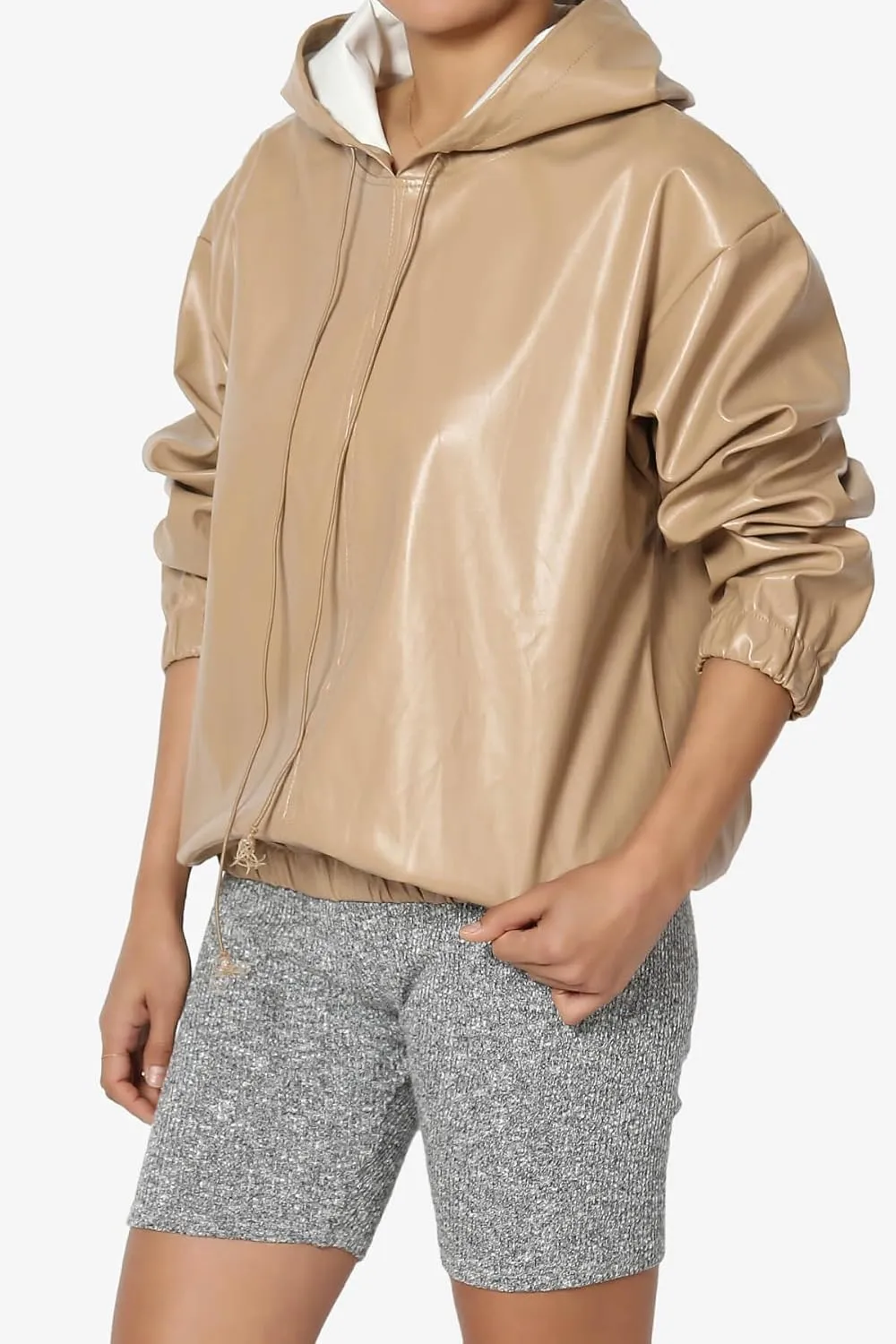 TheMogan Women's Faux Leather Oversized Hoodie Smooth Relaxed Fit Vegan Pleather Hooded Pullover
