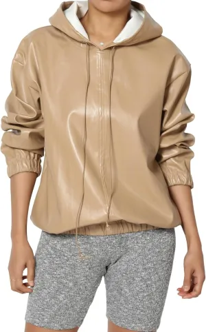 TheMogan Women's Faux Leather Oversized Hoodie Smooth Relaxed Fit Vegan Pleather Hooded Pullover